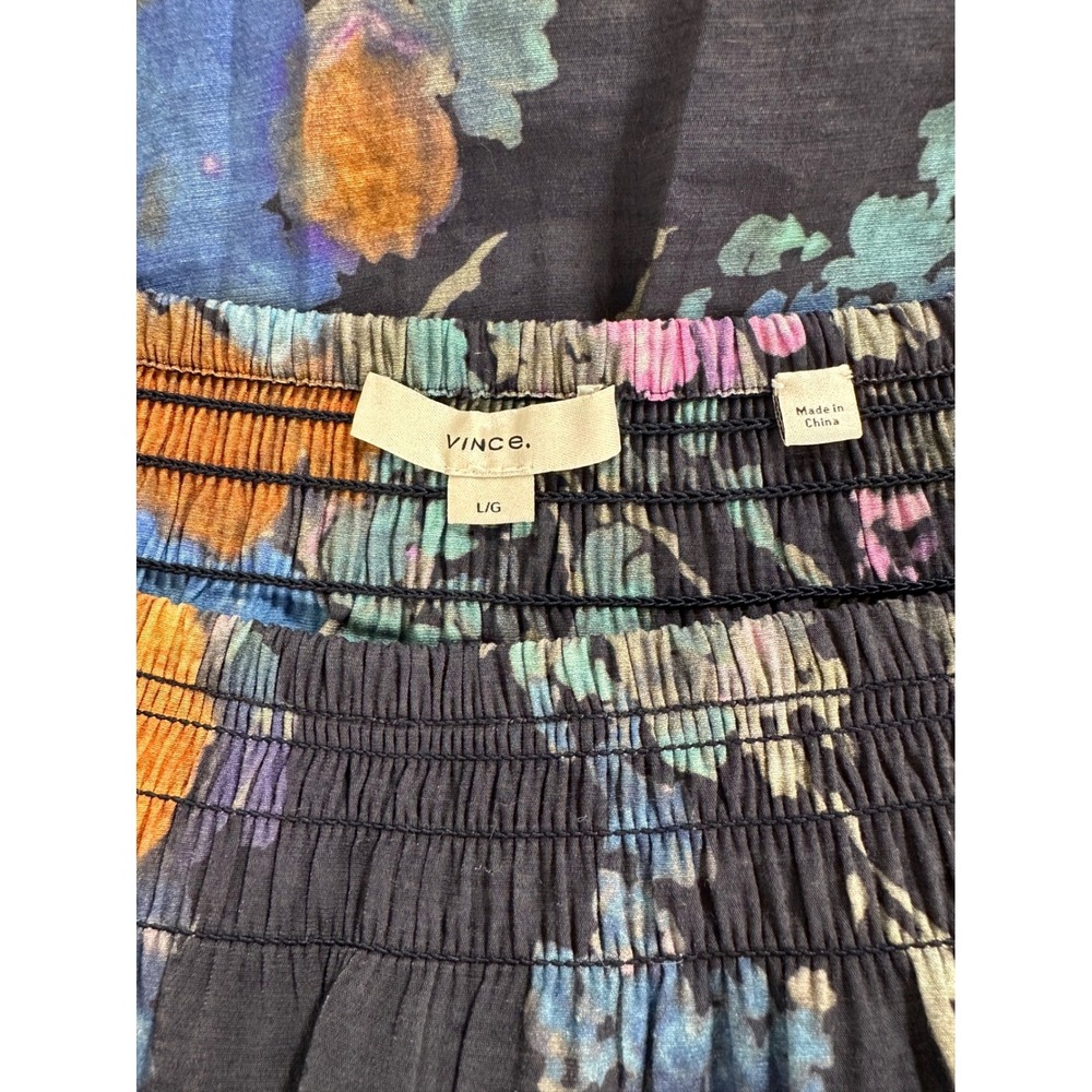Vince Floral Smocked Waist Midi Skirt Navy Blue Orange Rayon Blend Large - Picture 6 of 9